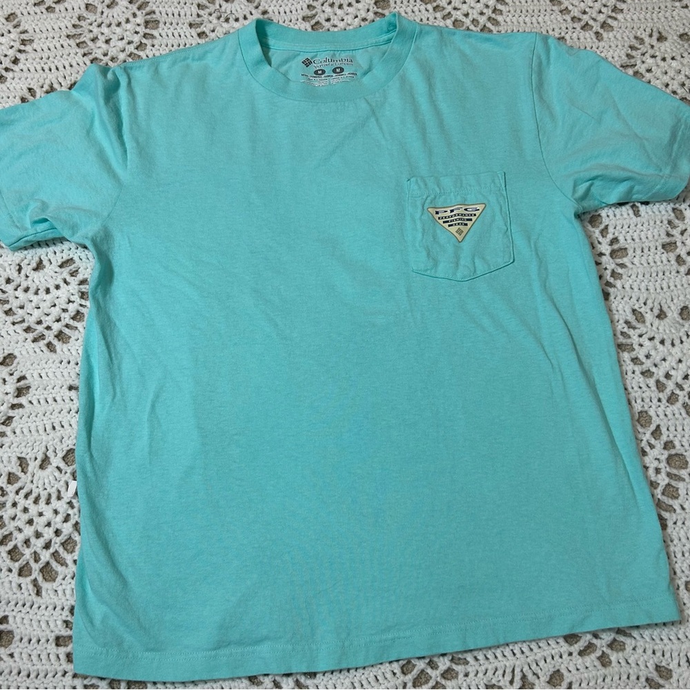 Columbia PFG Performance T-Shirt Aqua Blue Sailfish Graphic Pocket Cotton Size M